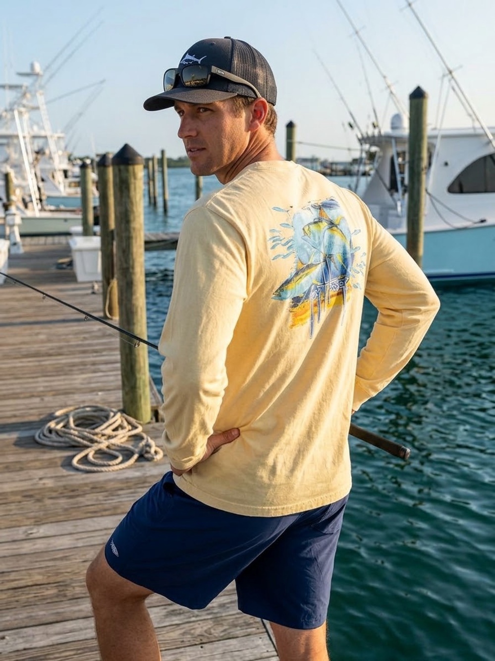 Guy Harvey Shirt Small Mens Yellow Long Sleeve Tuna Fishing Pocket Tee Y2K READ